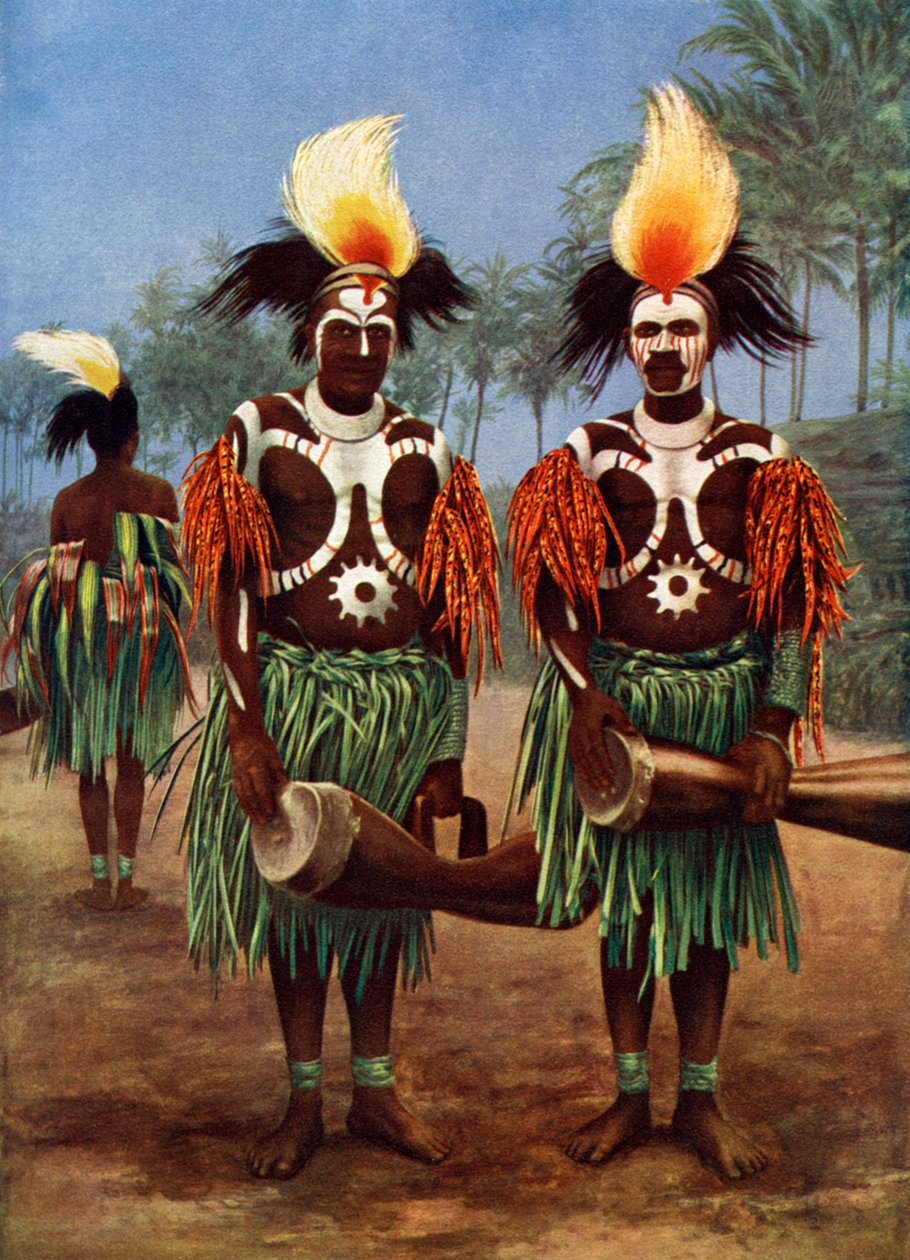 Dançarinos da região do rio Fly, Papua Nova Guiné, 1920 de Unbekannt