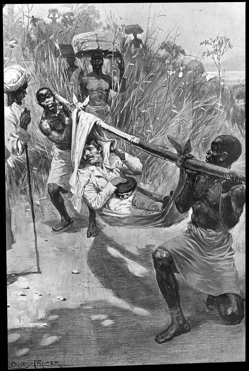 David Livingstone sendo carregado em uma maca improvisada pela selva de Unbekannt