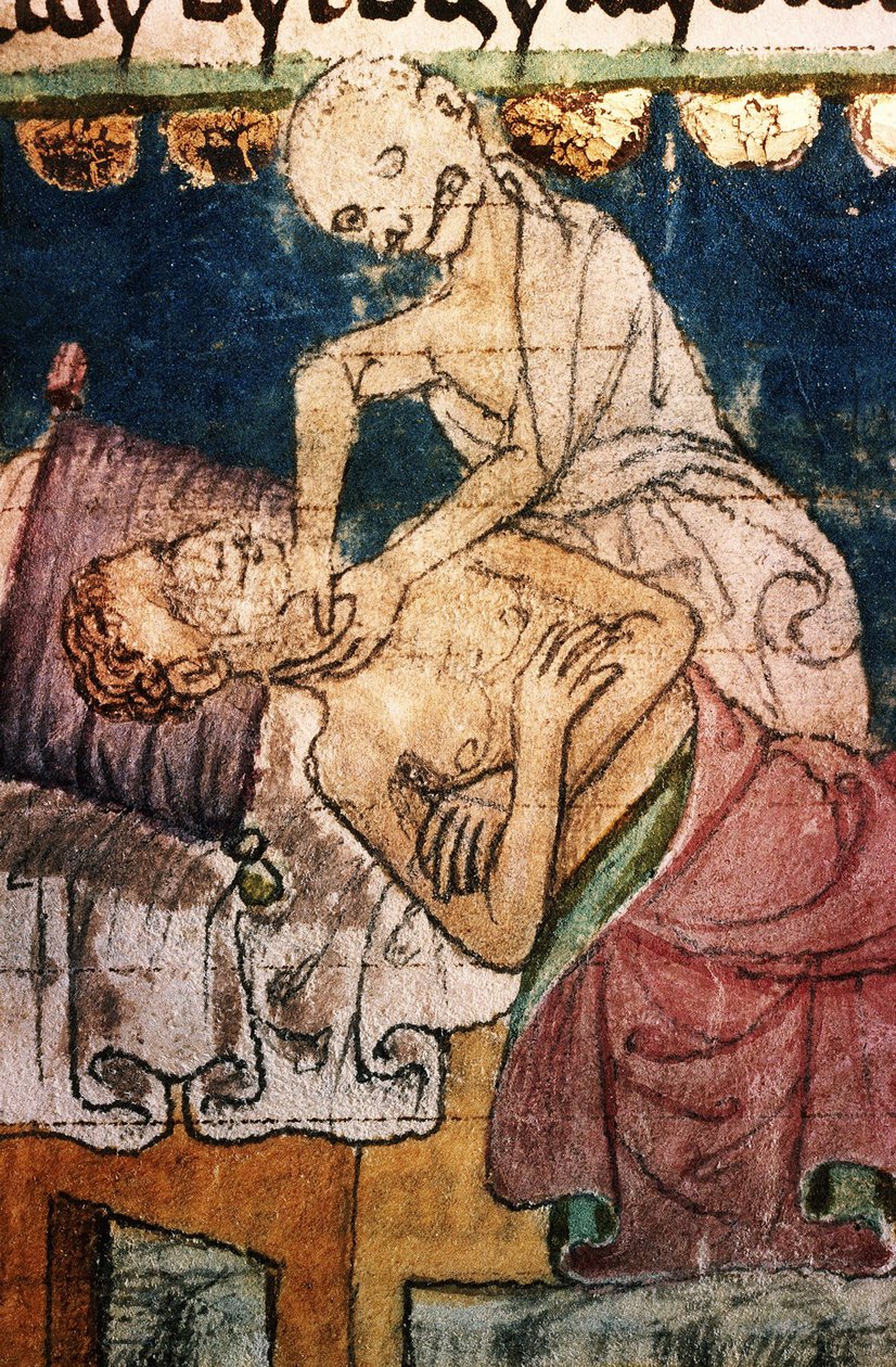Morte estrangulando uma vítima da peste. Do Stiny Codex, século XIV de Unbekannt