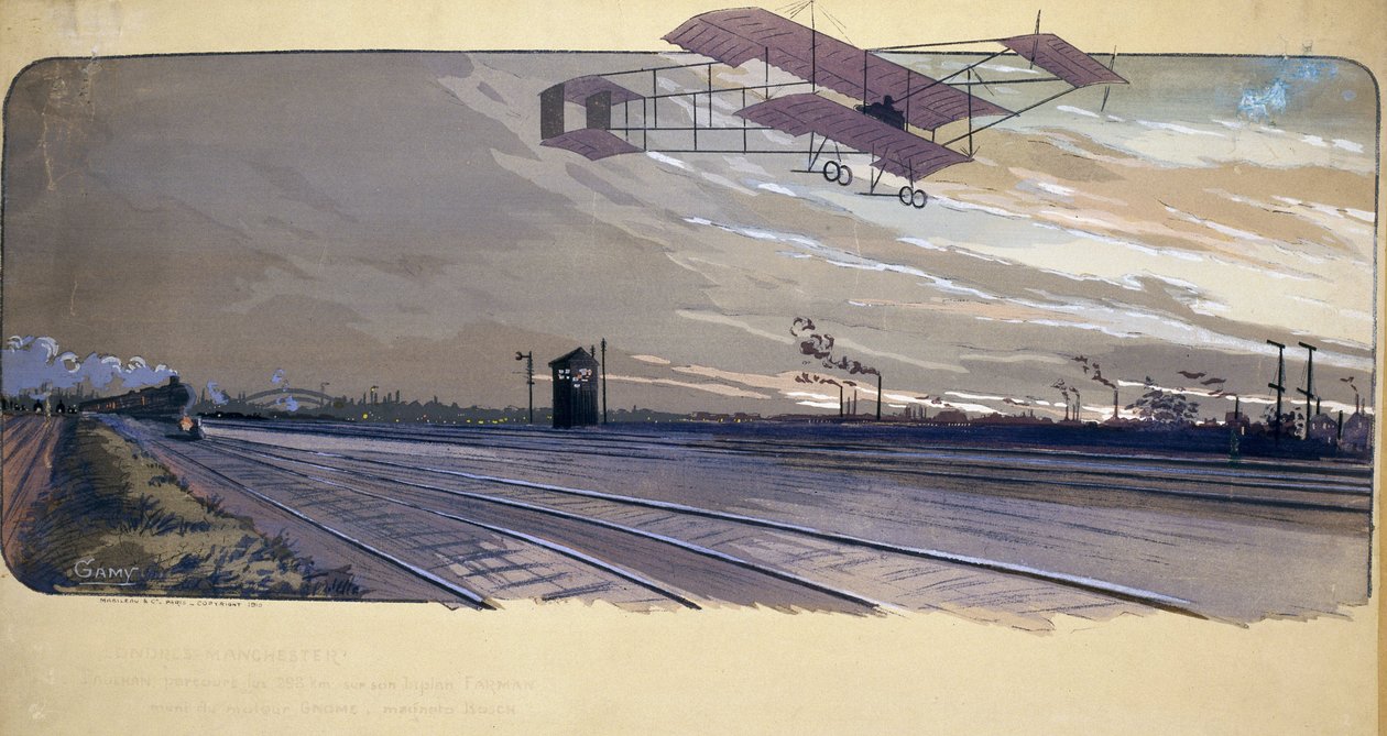 Início da aviação : Louis Paulhan (1884-1963) sobrevoando uma linha férrea em seu biplano durante a corrida de 300 km em linha reta Londres/Manchester nos dias 27 e 28 de abril de 1910 de Unbekannt