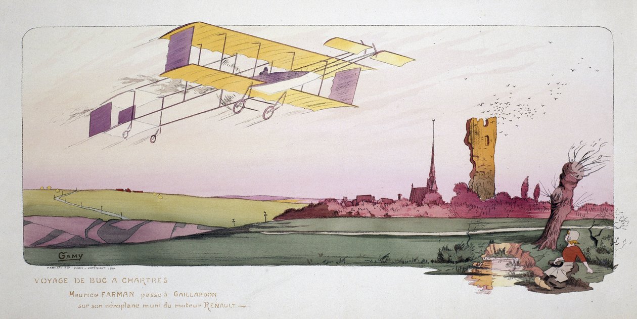 Início da aviação: Maurice Farman (1878-1964) em seu biplano Renault durante a corrida "Voyage de Bac a Chartres", por volta de 1910. de Unbekannt