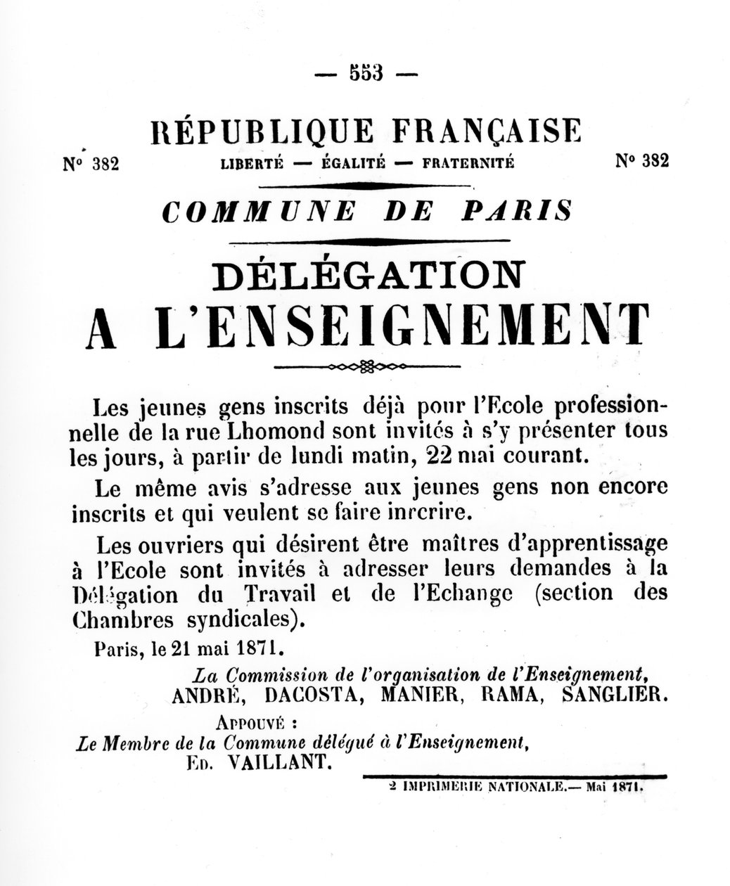 Delegação a Delegação L, de cartazes políticos franceses da Comuna de Paris, maio de 1871 de Unbekannt