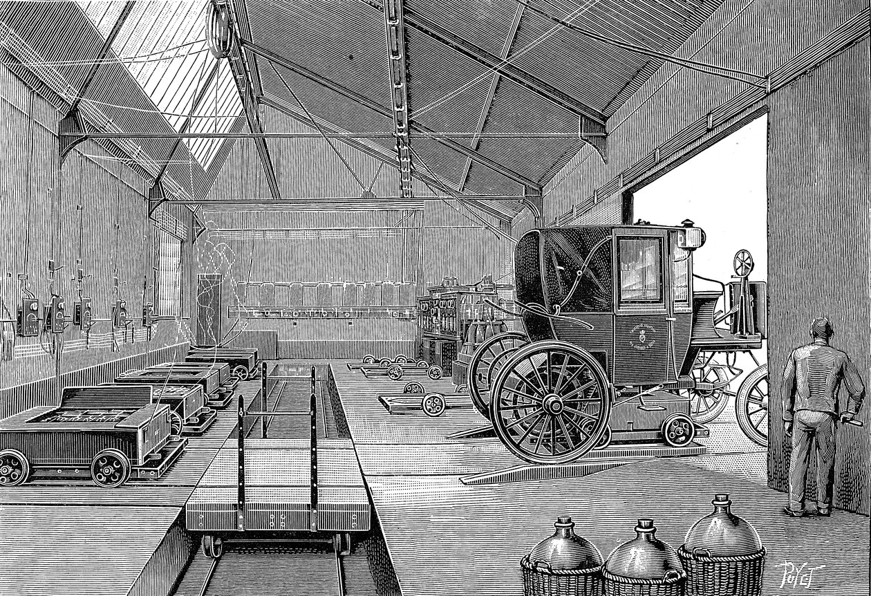 Depósito onde os táxis de Paris acionados eletricamente eram equipados com baterias recém carregadas, 1899 de Unbekannt