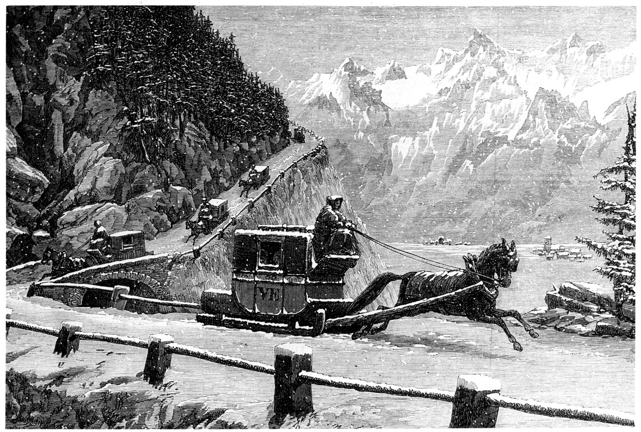 Descendo a passagem do Mont Cenis no inverno por trenó puxado a cavalo, século XIX de Unbekannt