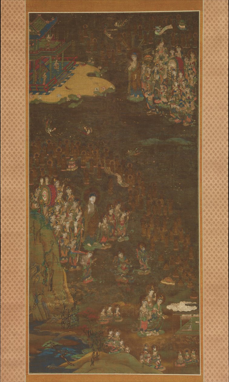 Descida e Regresso de Amida ao Paraíso Ocidental com uma mandara de Gosho da Alma do Crente, c1300. de Unbekannt