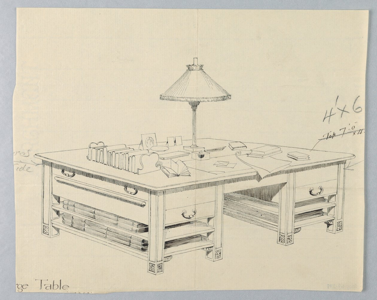 Design para Mesa de Armazenamento para Biblioteca Maciça com Duas Prateleiras Abertas em Ambos os Lados, 1900-05 de Unbekannt