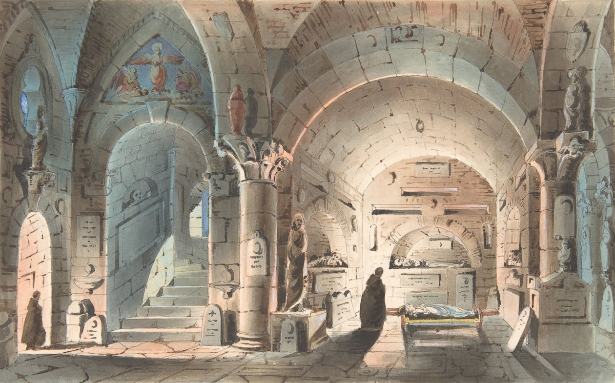 Design para um cenário de palco: cena da cripta, 1830-40. de Unbekannt