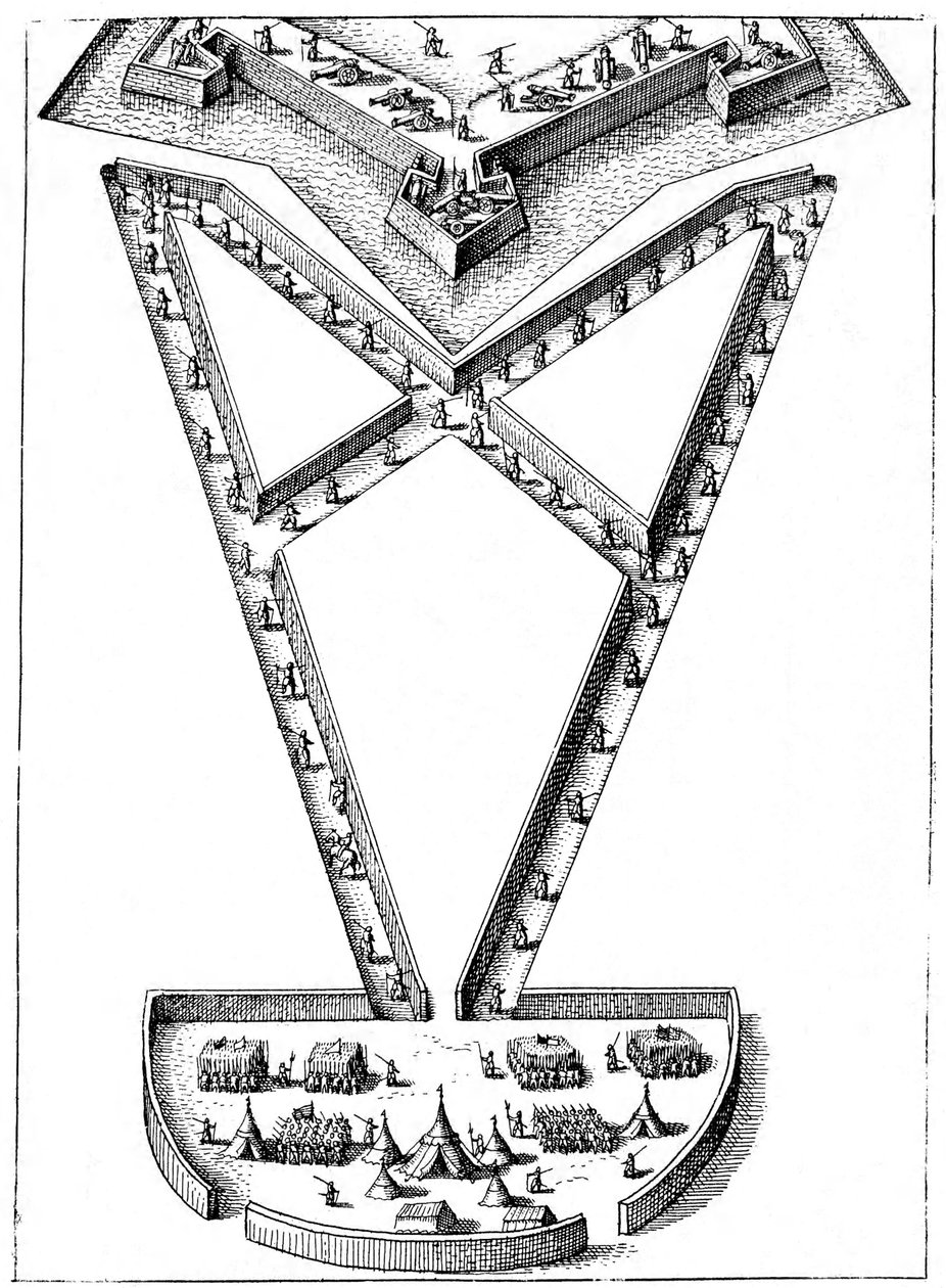 Projeto para um acampamento fora de uma fortaleza sitiada, 1617-1619 de Unbekannt