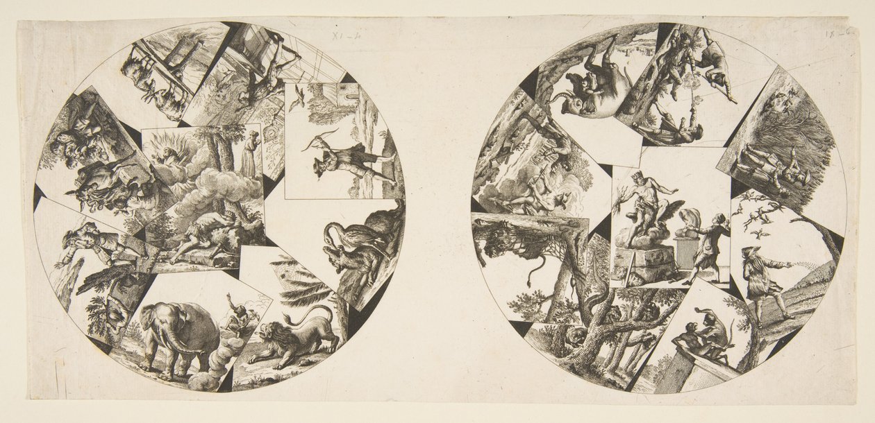 Projetos para placas Tomadas de Oudrys Illustrations para La Fontaines Fables, após 1755. de Unbekannt