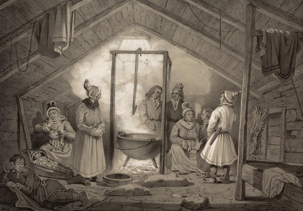 O interior de uma casa de campo de um agricultor na Finlândia. Ilustração retirada do livro Norge fremstillet i Tegninger av Asbjørnsen, P.Chr. og utgitt av Chr. Tønsberg (no, 1848)
O Sami vestido de domingo em casa de um ano. "As cabanas de madeira (...) de Unbekannt