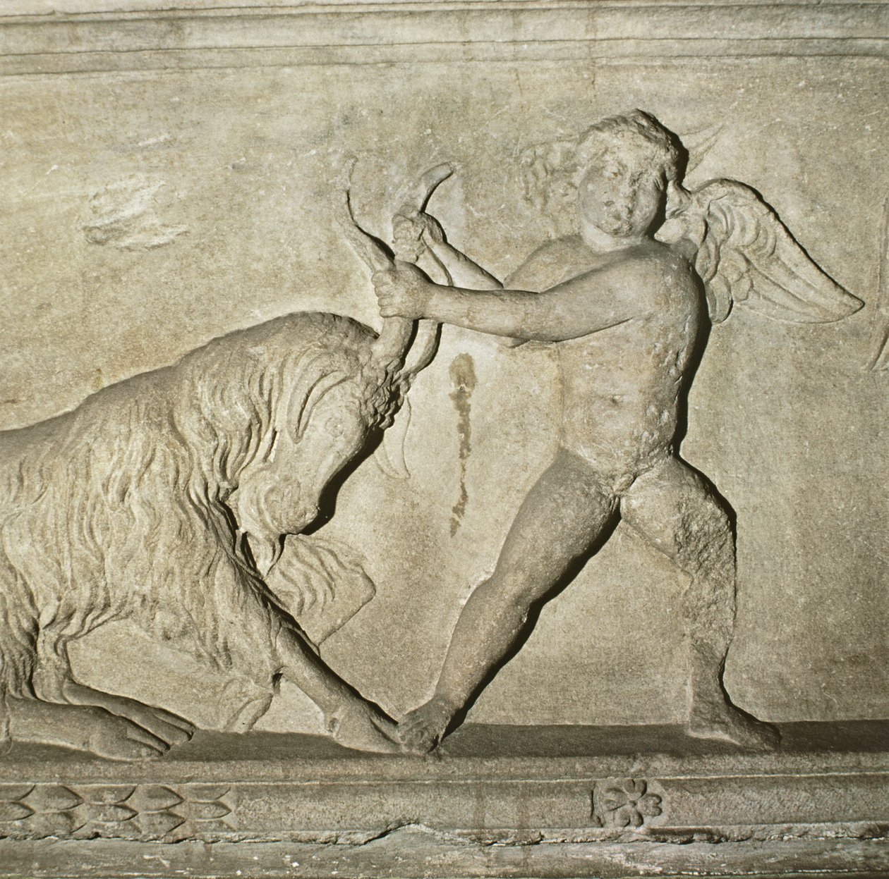 Detalhe de um sarcófago grego de Lydia, retratando uma luta de putto com uma cabra (mármore) de Unbekannt