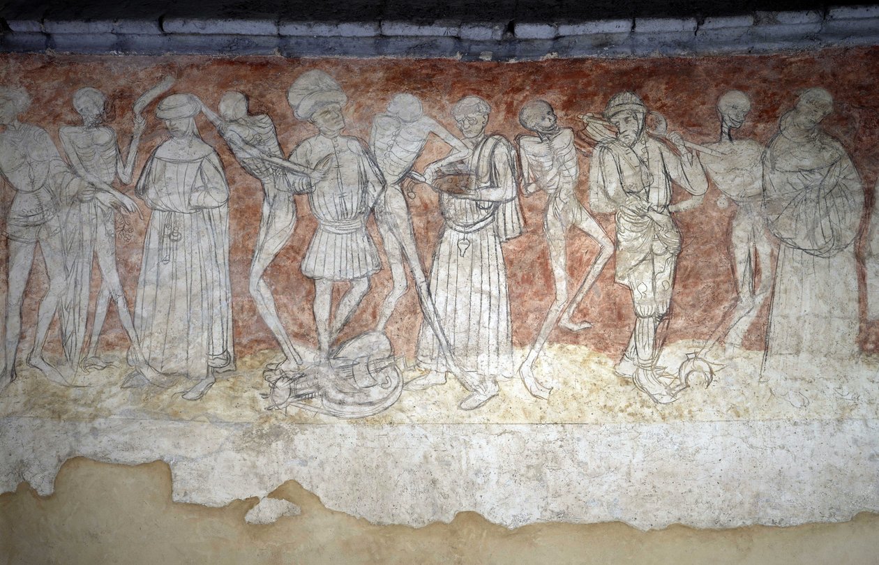 Detalhe de um afresco retratando o Dance Macabre, sd. Igreja Saint Robert a La Chaise Dieu (Chaise-Dieu, Haute Loire). de Unbekannt