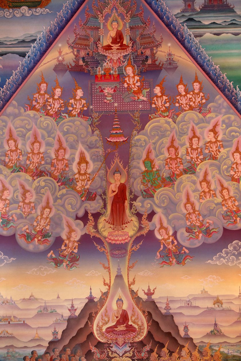 Detalhe de uma pintura mural no Uposatha (hall do santuário) do templo de Buddhapadipa, Wimbledon, Grande-Bretagne de Unbekannt