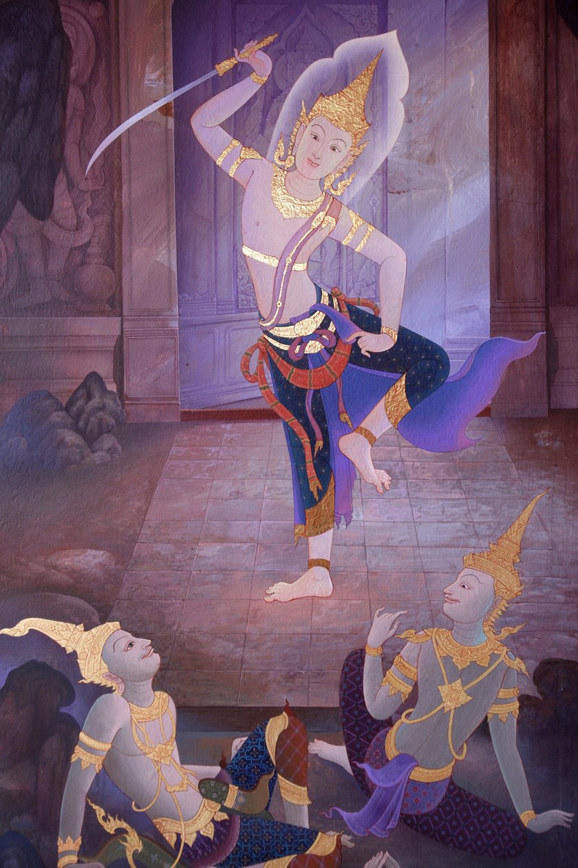 Detalhe de uma pintura mural no Uposatha (hall do santuário) do templo de Buddhapadipa, Wimbledon, Grande-Bretagne de Unbekannt