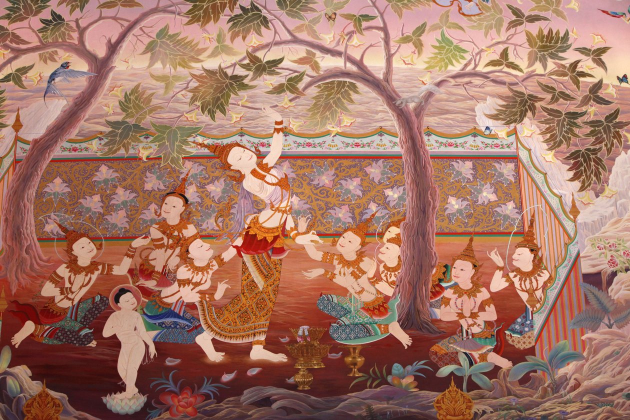 Detalhe de uma pintura mural no Uposatha (hall do santuário) do templo de Buddhapadipa, Wimbledon, Grande-Bretagne de Unbekannt