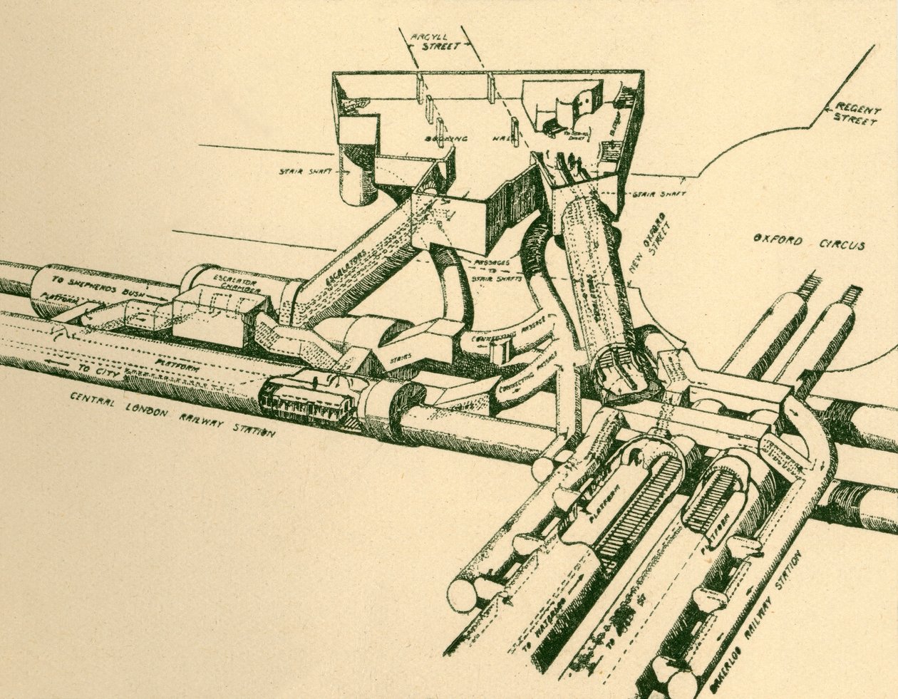 Diagrama da nova estação de metrô em Oxford Circus, 1930. de Unbekannt