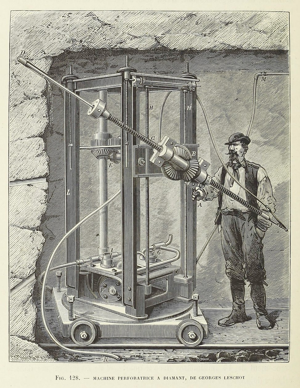 Diamond Drilling Machine projetado por Georges Leschot, pub. gravura de 1883, 1883. de Unbekannt