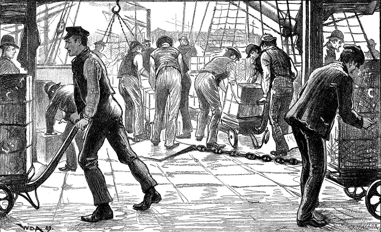 Dockers descarregando chá nas docas de Londres, 1889 de Unbekannt