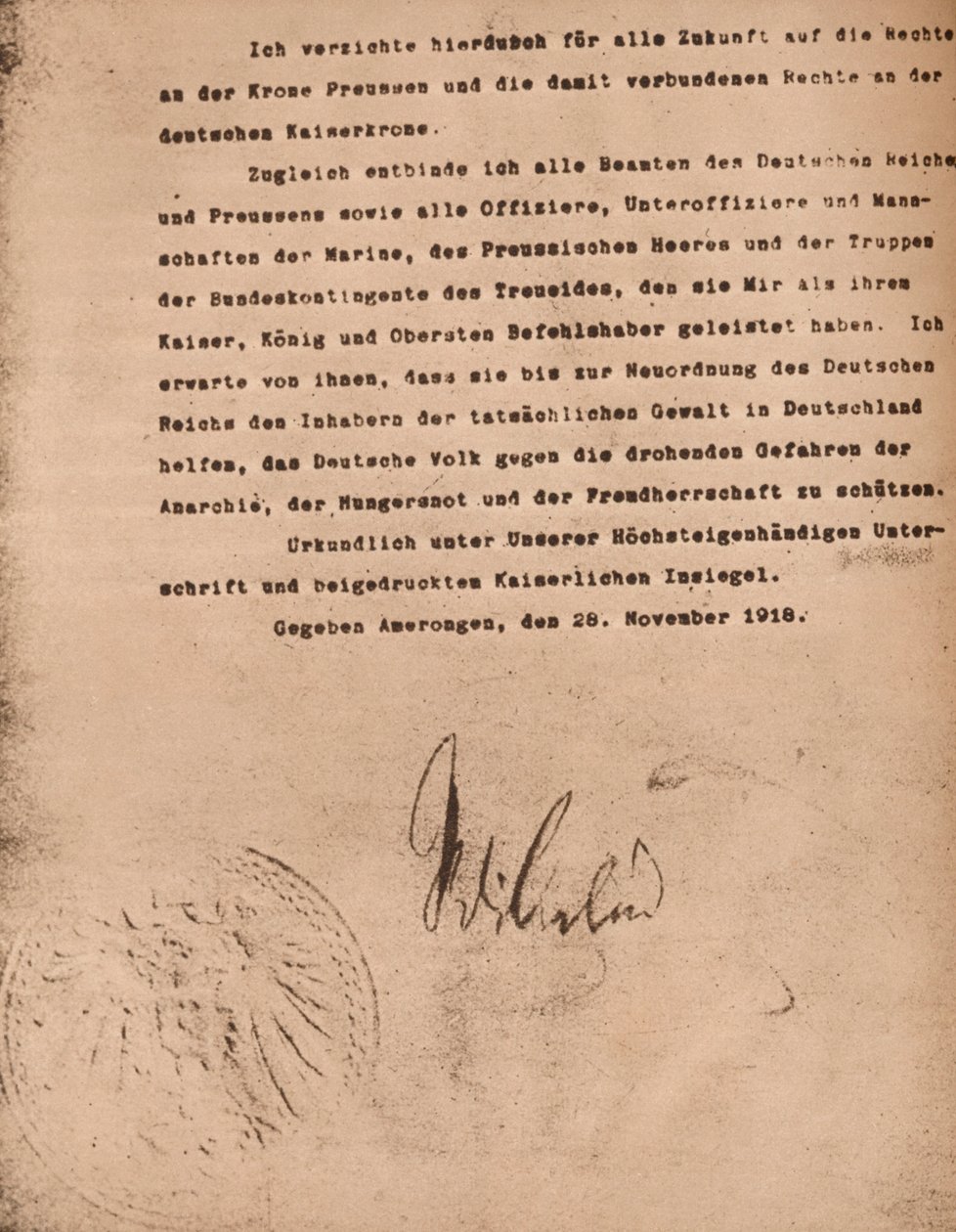 Documento confirmando a abdicação de Kaiser Wilhel II da Alemanha, 9 de novembro de 1918 1935. de Unbekannt