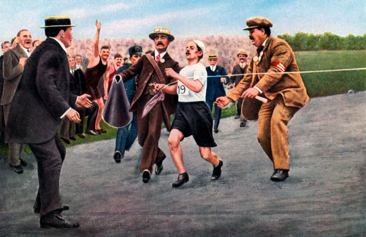 Dorando Pietri terminando a primeira maratona olímpica moderna, Londres, 1908 de Unbekannt
