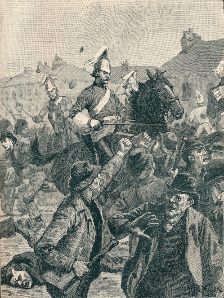 Dragões e Highlanders espalhando manifestantes em Belfast, 1872 1906. de Unbekannt