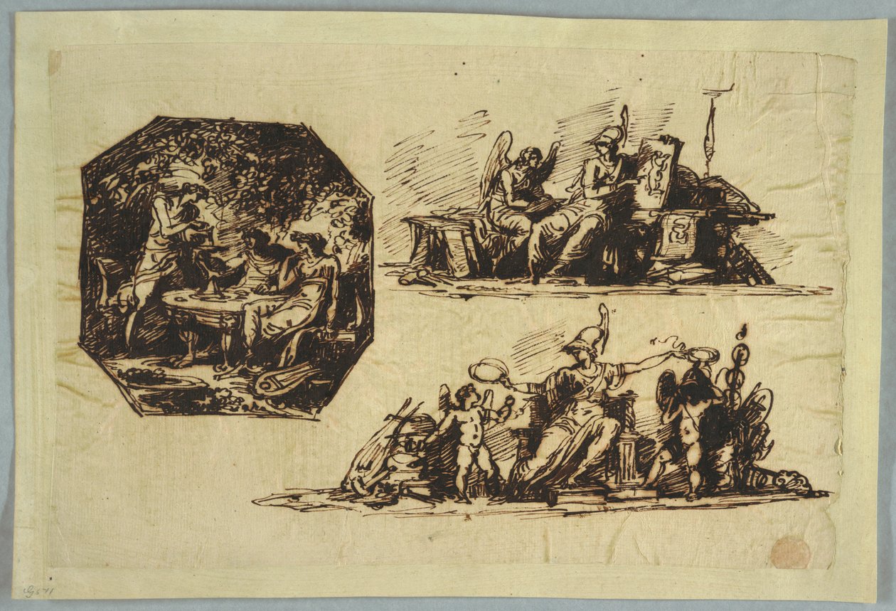 Desenho, Bacchus, Apollo e Mnemosine; Minerva com troféus de Unbekannt