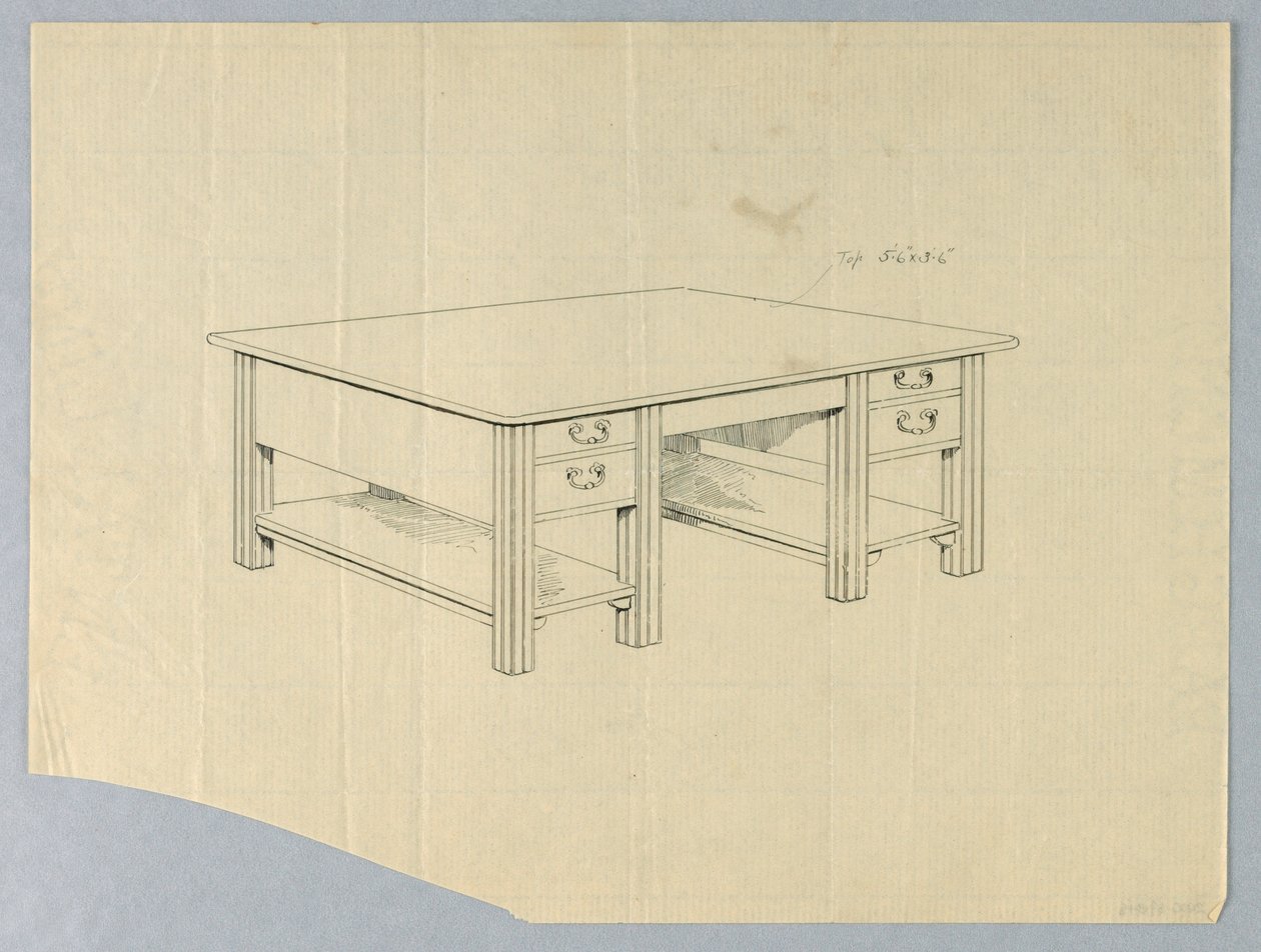 Desenho, Desenho para mesa de biblioteca maciça com pernas arqueadas quadradas e prateleiras de maca abertas de Unbekannt