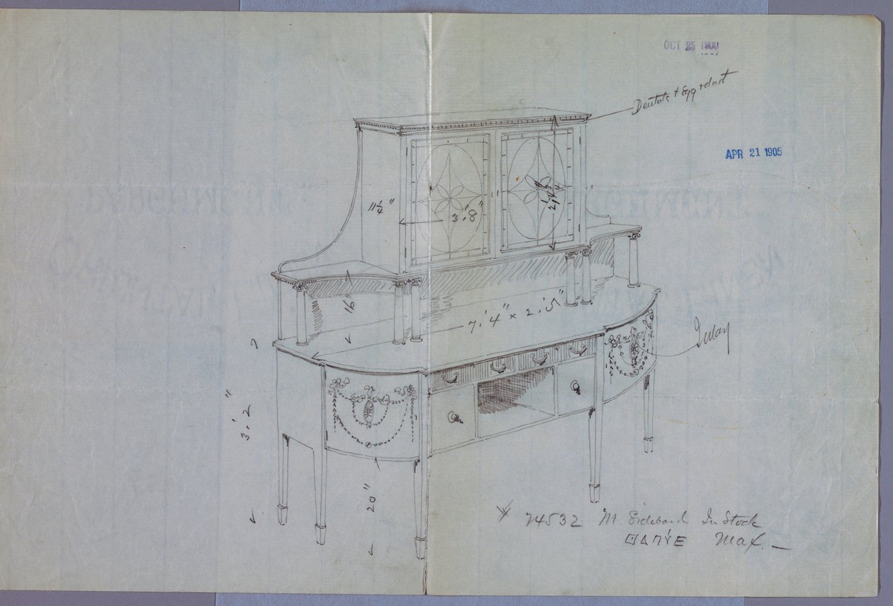 Desenho, Design para Aparador com Armário de Vidro Acima de Unbekannt