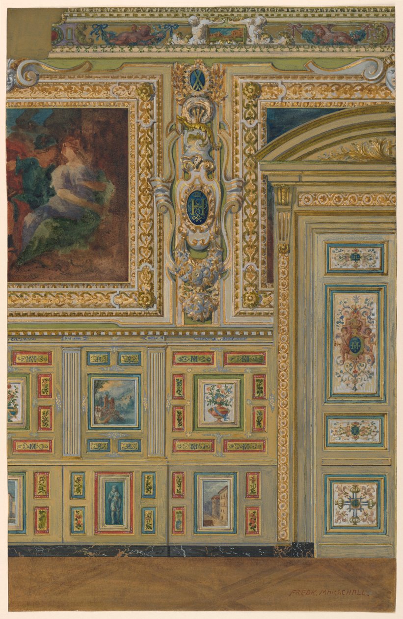 Desenho, Seção de uma parede mostrando grupos de painéis pintados, Câmara Oval, Salão Luís XIV, Palácio de Fontainebleau, França de Unbekannt