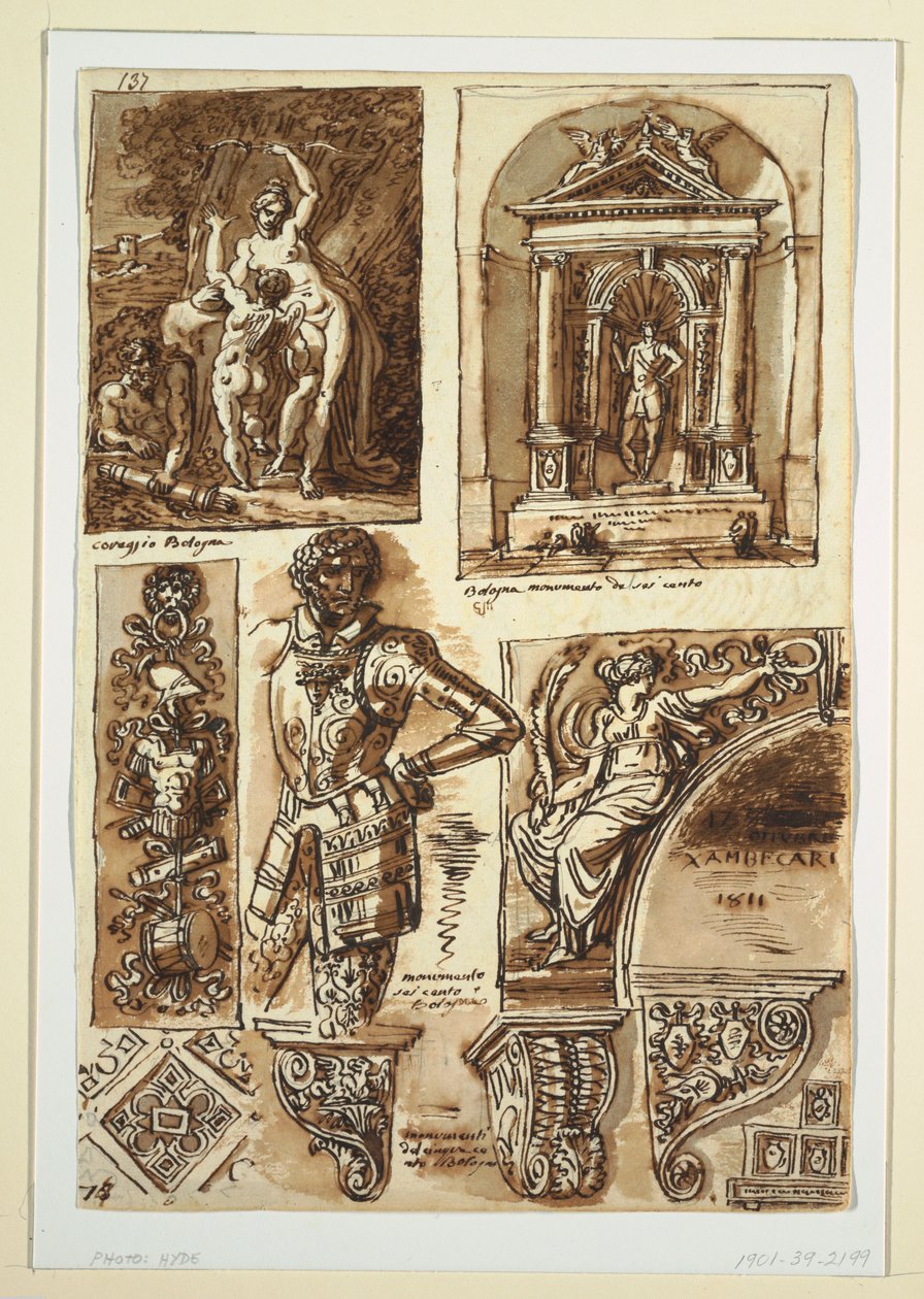 Desenho, folhas de estudos após monumentos à bolonhesa, 1811-14 de Unbekannt