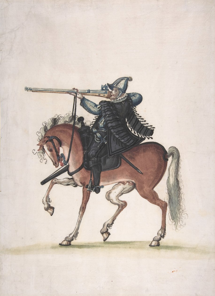 Desenho de um Soldado Arcabuzeiro Montado a Cavalo, final do século XVI. de Unbekannt