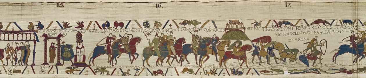 O Duque William conduz o seu exército para a Bretanha onde Harold corajosamente ressuscita os soldados da areia movediça, Bayeux Tapestry (bordado de lã em linho) de Unbekannt