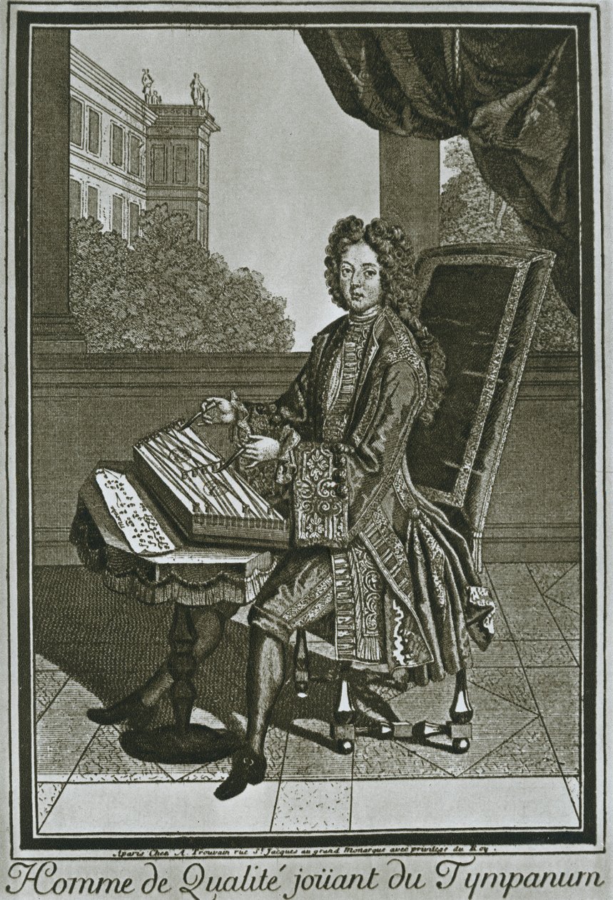 Dulcimer tympanum, gravura francesa do século XVII, 1948 de Unbekannt