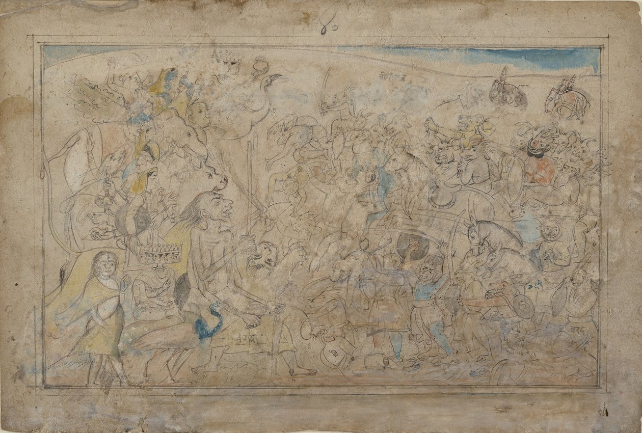 Durga, Kali, e Five Matrikas Battle the Daitya Army of the Demon Shumbha..., ca. 1780. de Unbekannt