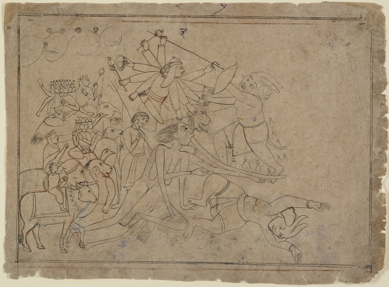 Durga, Kali e as matrikas lutam contra o demônio Raktabija: cena do Devi Mahatmya, Ka. 1780. de Unbekannt