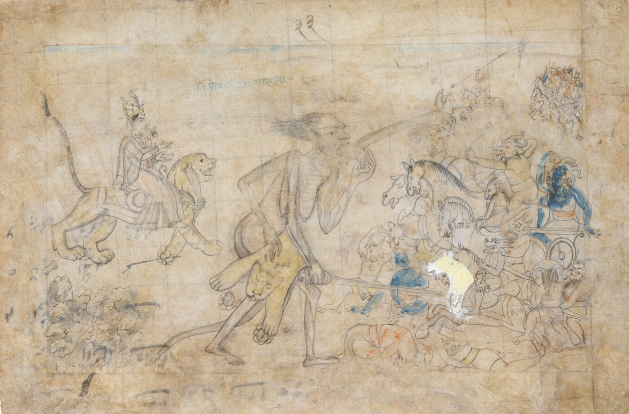 Durga e Kali se aproximam dos exércitos reunidos de Chanda e Munda..., ca. 1780. de Unbekannt