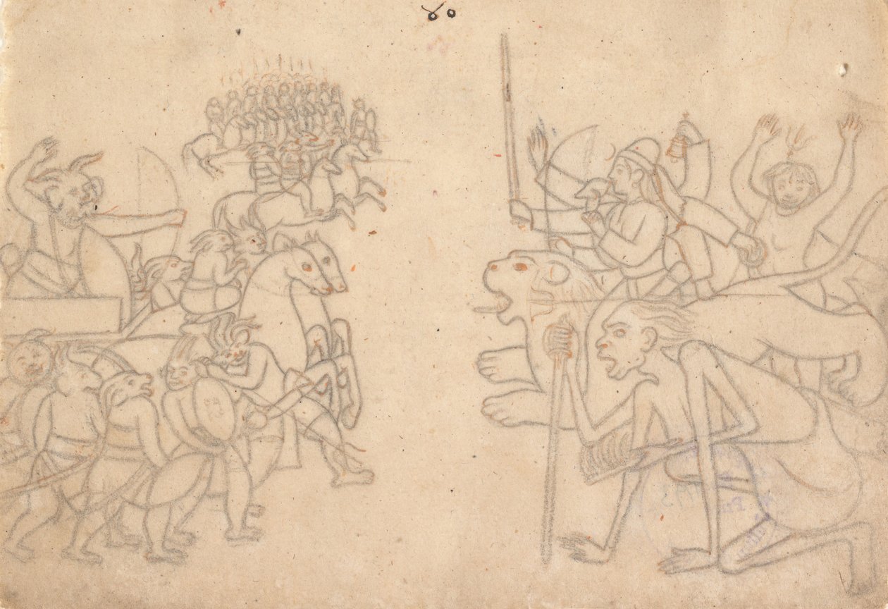 Durga e Kali aproximam-se dos exércitos reunidos de Chanda e Munda... o Devi Mahatmya , c.1780. de Unbekannt