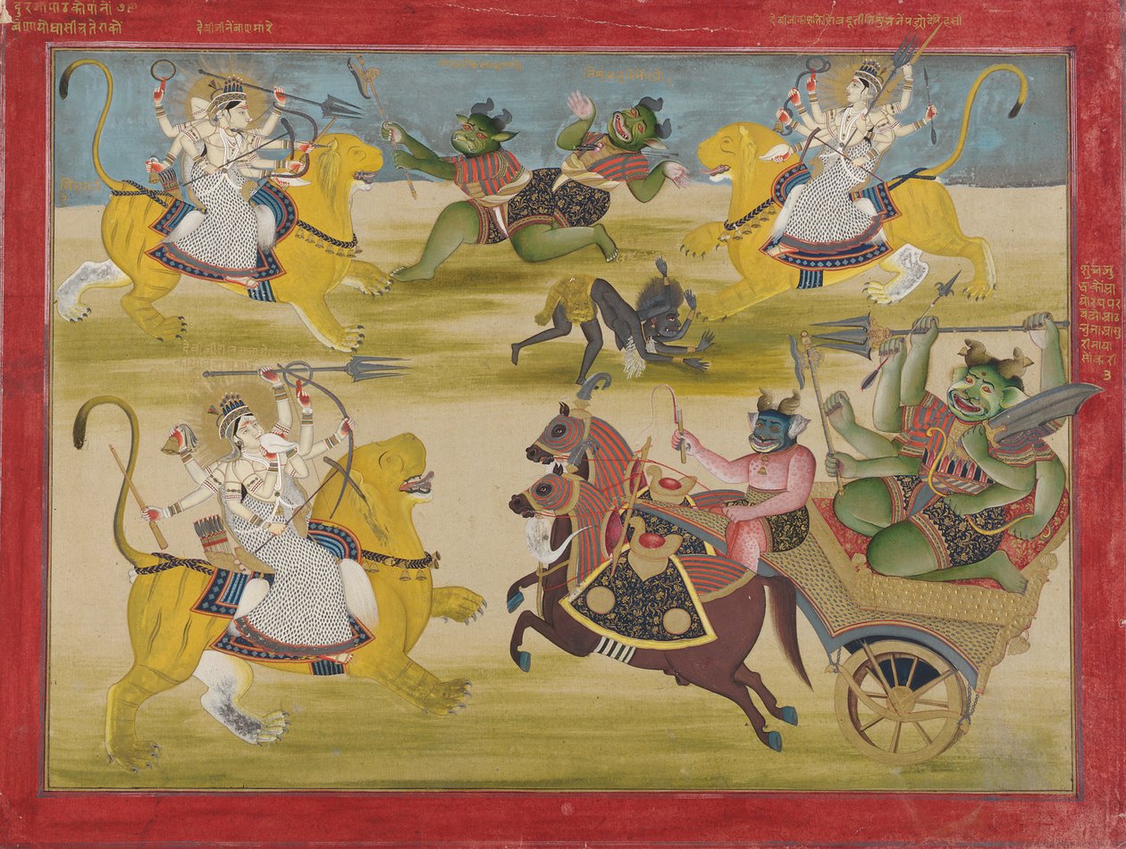 Durga lutando contra o Shunga e Nishunga do Rakshasa, de um Devi Mahatmya, meados do século XIX. de Unbekannt