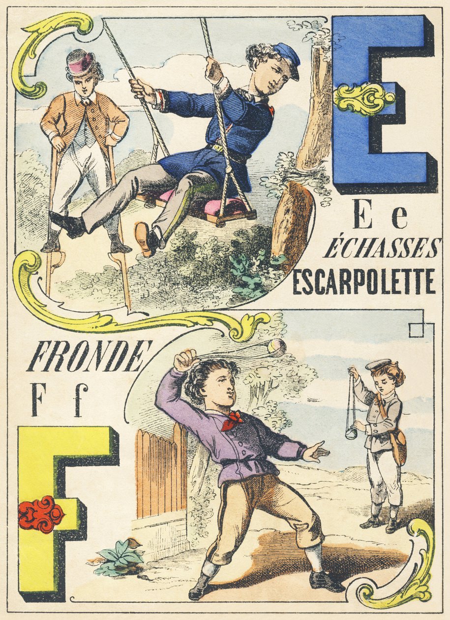 E F : palafitas, escarpolette, estilingue - Jogos Alfabeto, c.1890 (ilustração) de Unbekannt