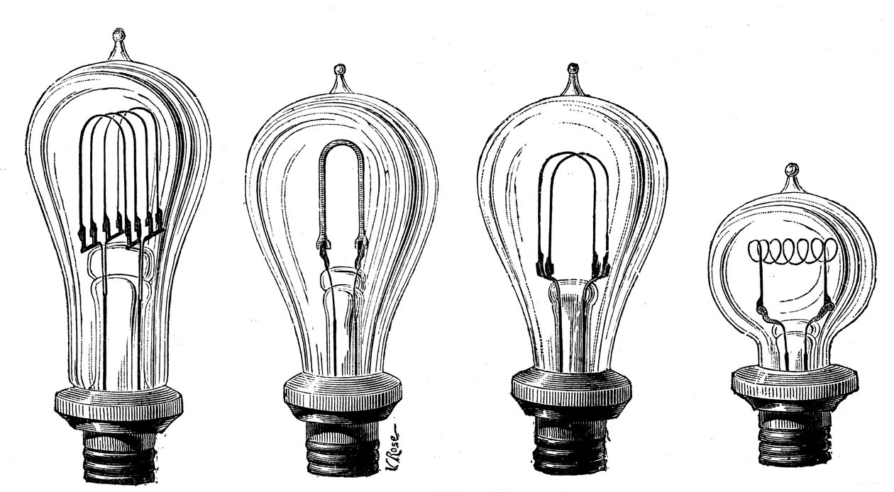 Lâmpadas incandescentes de Edison mostrando várias formas de filamento de carbono, 1883 de Unbekannt