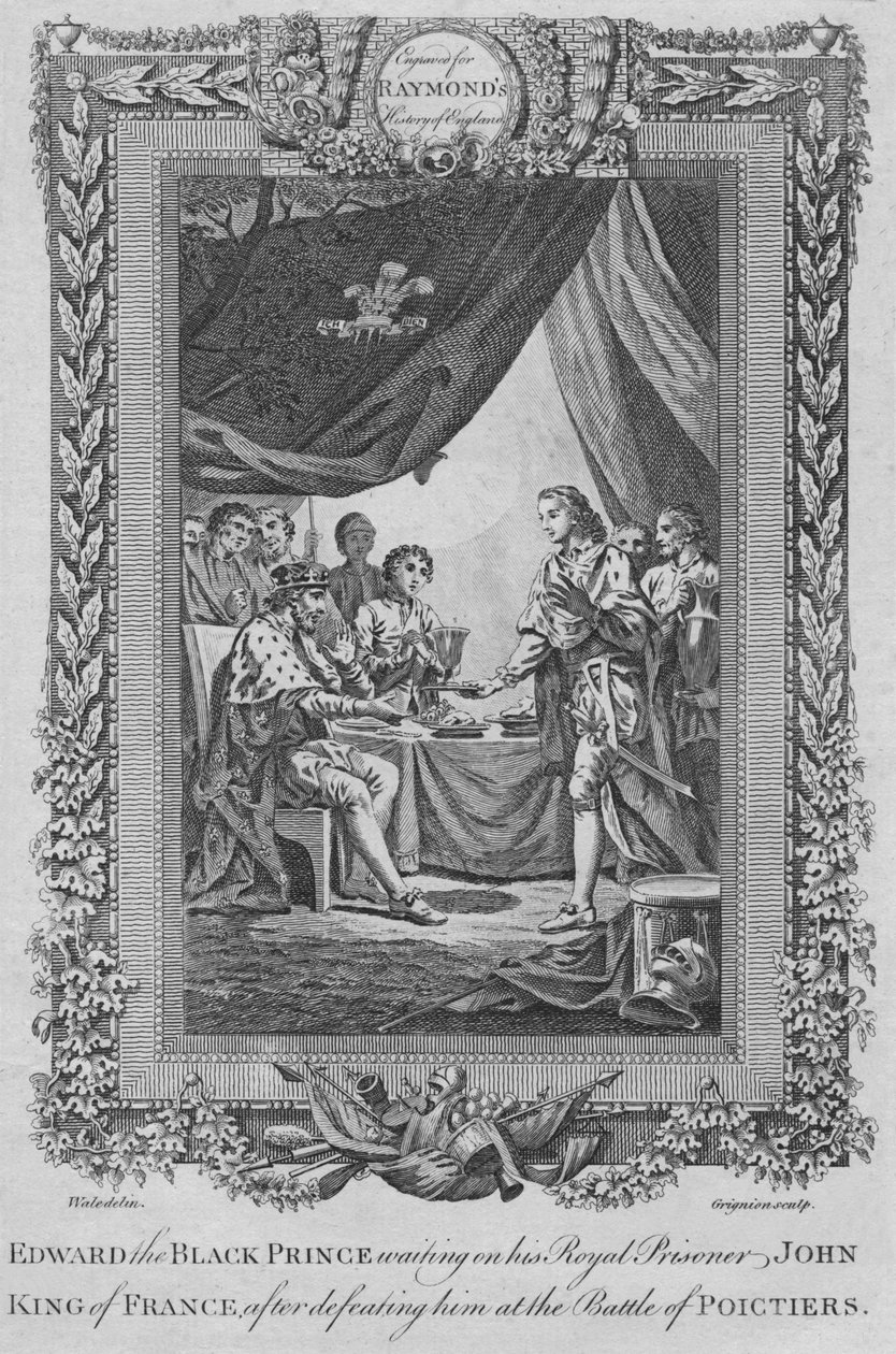 Eduardo, o Príncipe Negro, esperando seu prisioneiro real João, rei da França, c1787 de Unbekannt