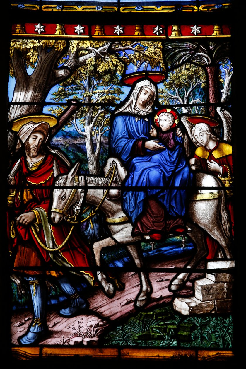 A igreja de Saint-Remy de Troyes. Janela de vidro manchado: Cenas da vida da Virgem. Detalhe : O Voo para o Egipto. Oficina Vincent-Larcher, século XIX de Unbekannt