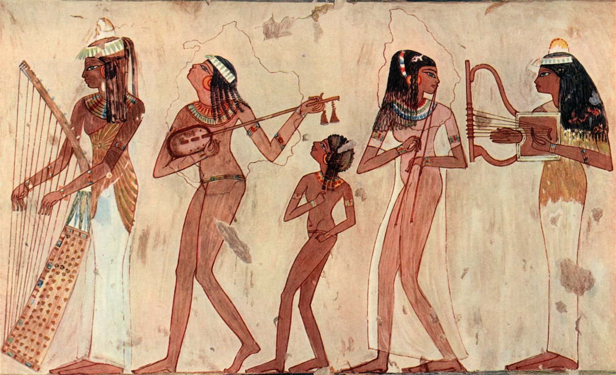 Harpa egípcia arqueada, alaúde, oboé duplo e lira, pintura de túmulo em Veset Thebes c.1420-1411 aC de Unbekannt