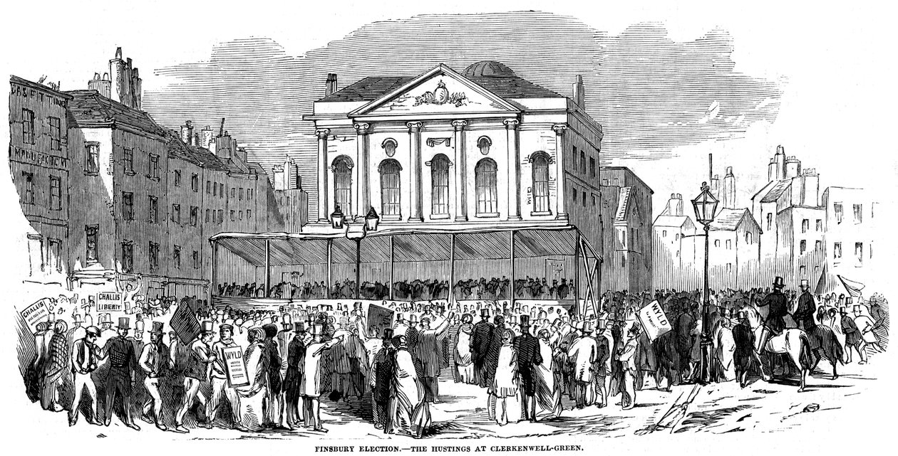 Hustings eleitorais em Clerkenwell Green durante a eleição de Finsbury, Londres, 1852 de Unbekannt
