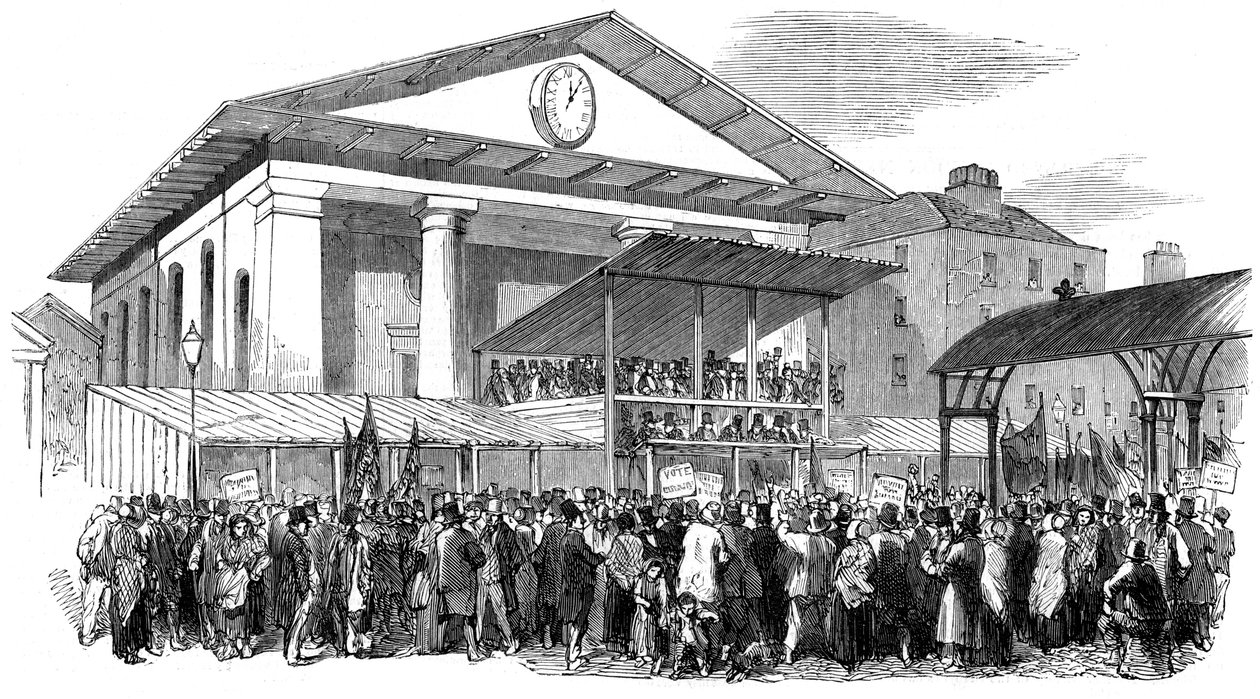 Hustings eleitorais em Covent Garden durante a eleição de Westminster, Londres, 1852 de Unbekannt