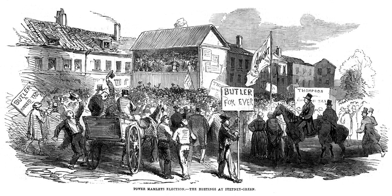 Hustings eleitorais em Stepney Green durante a eleição dos Tower Hamlets, Londres, 1852 de Unbekannt