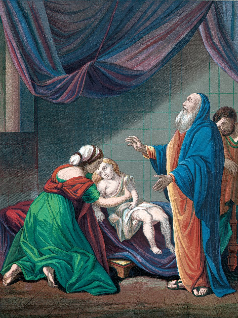 Elias, profeta do Antigo Testamento, ressuscitando o filho das viúvas da morte aparente, c1860 de Unbekannt