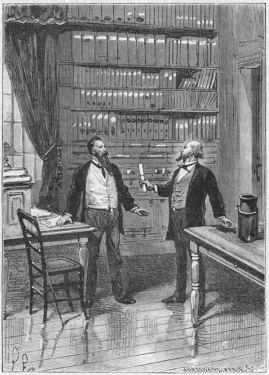 Elisha Gray, inventor americano, apresentando a ressalva de seu telefone, 1876, c1890 de Unbekannt