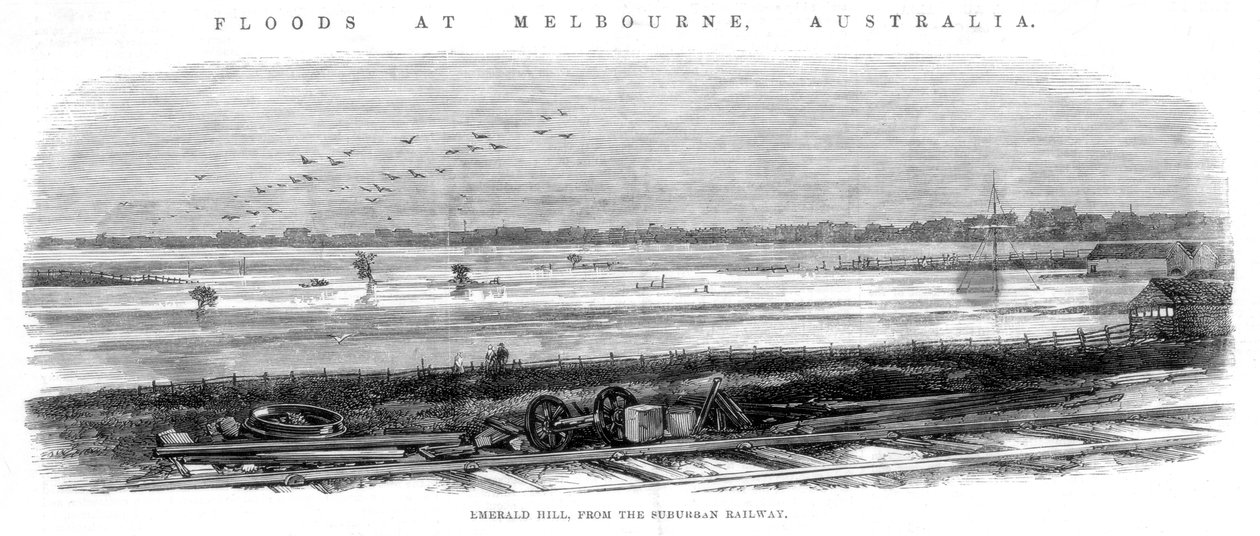 Emerald Hill, da estrada de ferro suburbana - Inundações em Melbourne, Austrália, 1864 de Unbekannt