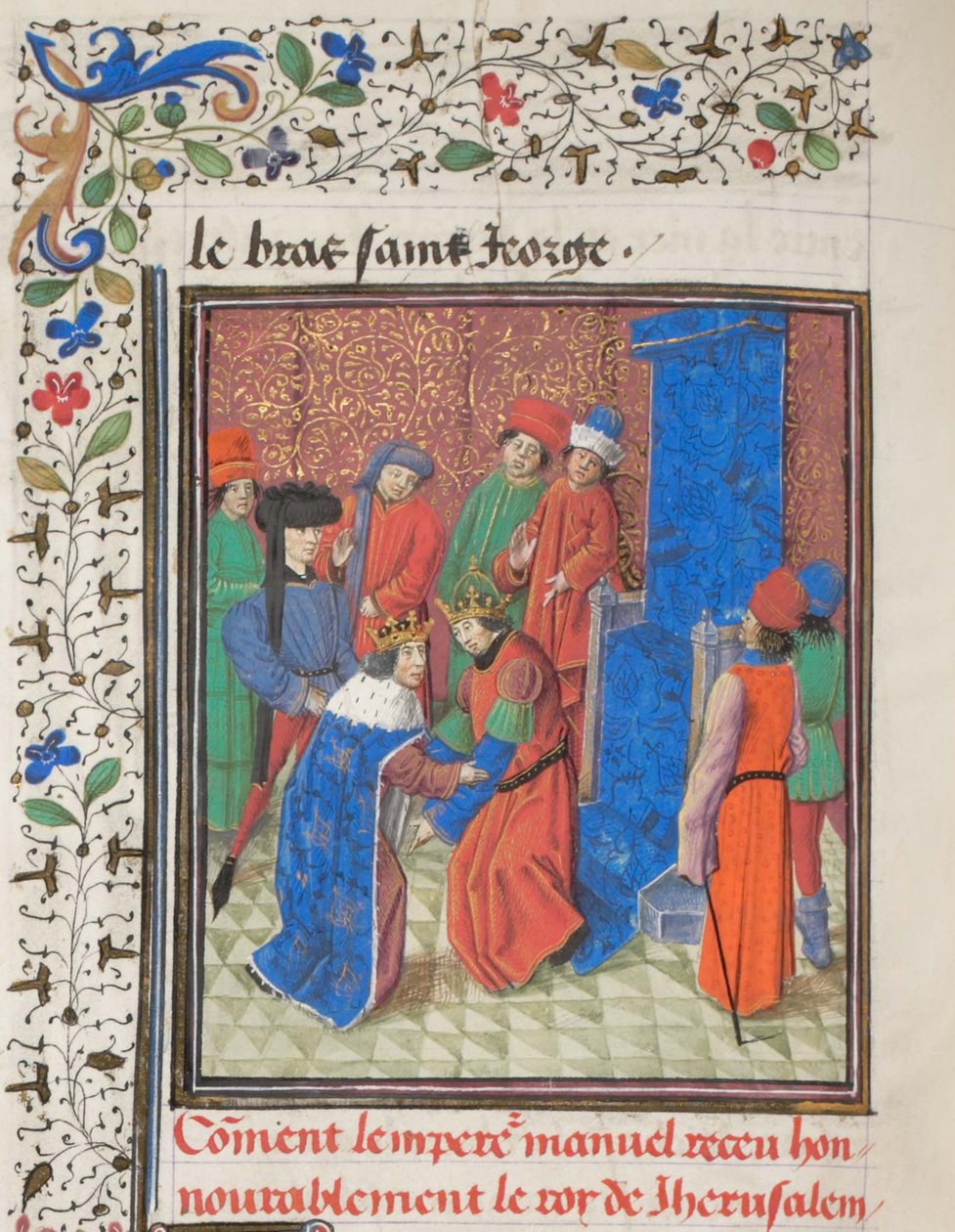 O imperador Manuel I Komnenos se encontra com o rei Amalric I de Jerusalém. Miniatura da História de William of Tyre, 1460s de Unbekannt